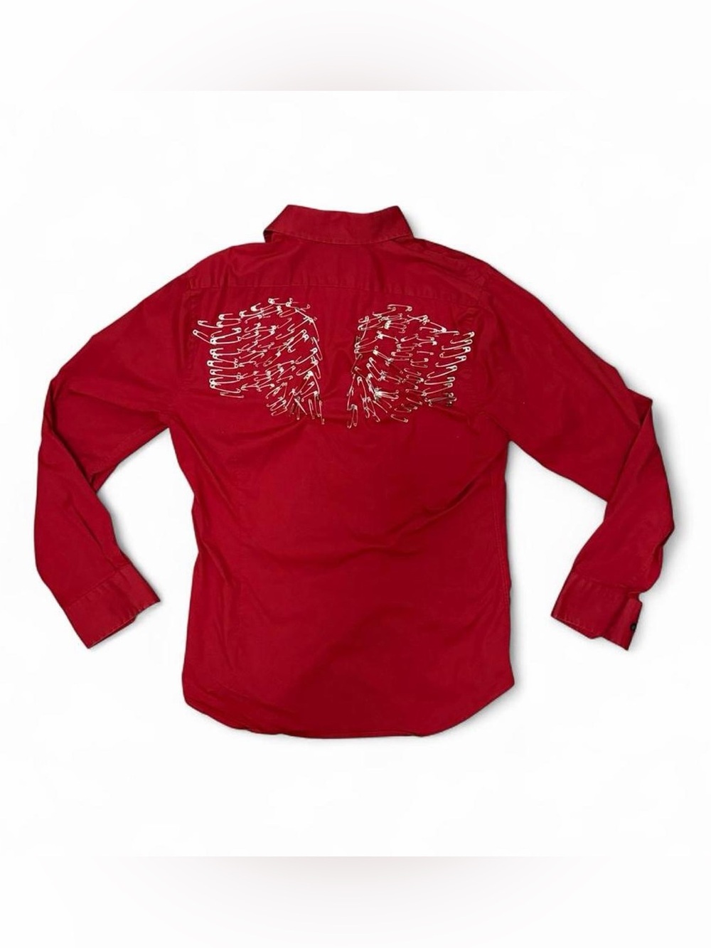 Express Red Button-Up Shirt DIY Safety Pin Angel Wings Men’s Large Punk Y2K